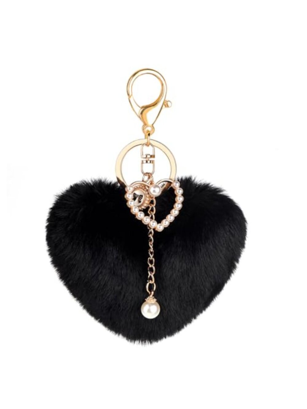 Faux Fur Pom Pom Keychain Heart Plush Bag Charm with Gold-Tone Metal Lobster